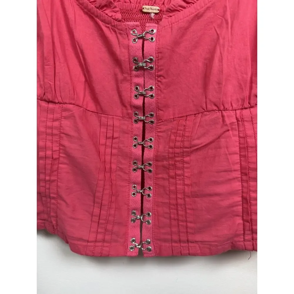 Free People Amelia Pink Corset Top Blouse Large Boho Beach Lagenlook Summer Crop
